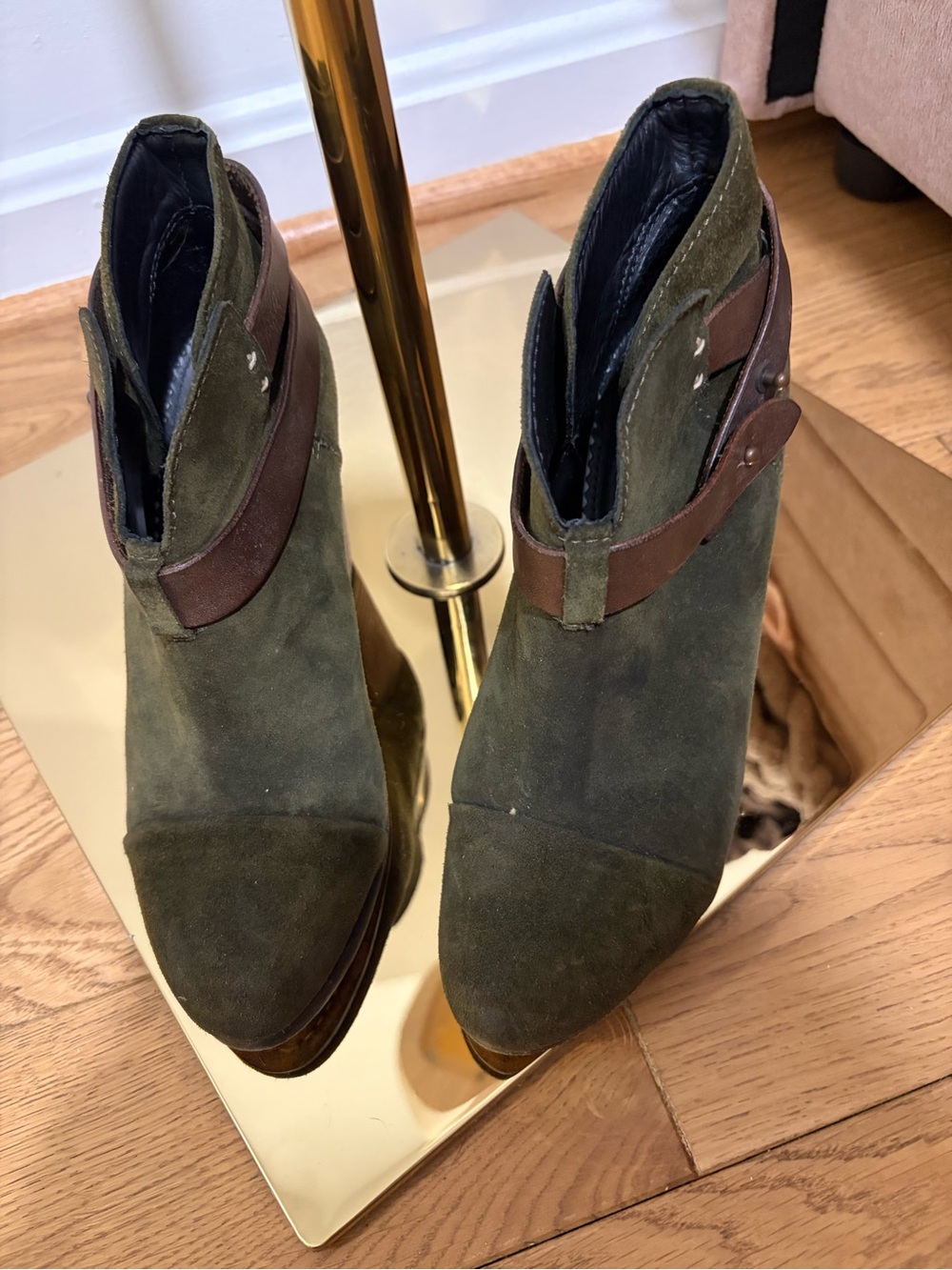 rag & bone Olive Suede Ankle Boots with Brown Strap